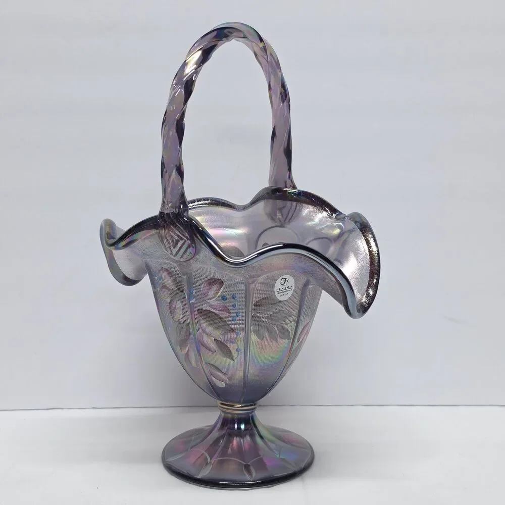 Fenton Art Glass 1998 Paneled Lilac Wisteria Stretch Basket 11